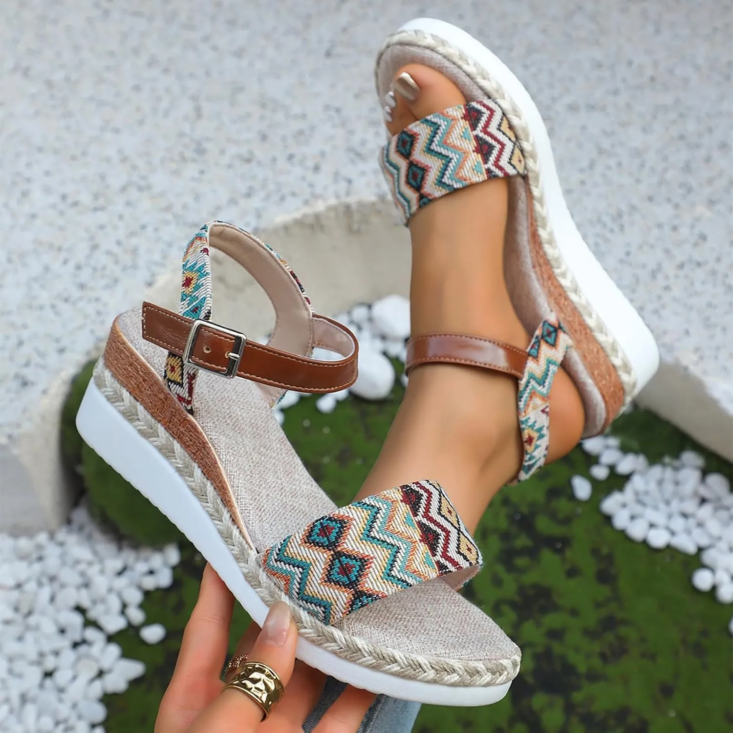Eduavar Womens Sandals Casual Comfortable Cushion Ankle Strap Sandals Flatform Platform Espadrilles Wedges Open Toe Shoes