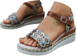Eduavar Womens Sandals Casual Comfortable Cushion Ankle Strap Sandals Flatform Platform Espadrilles Wedges Open Toe Shoes