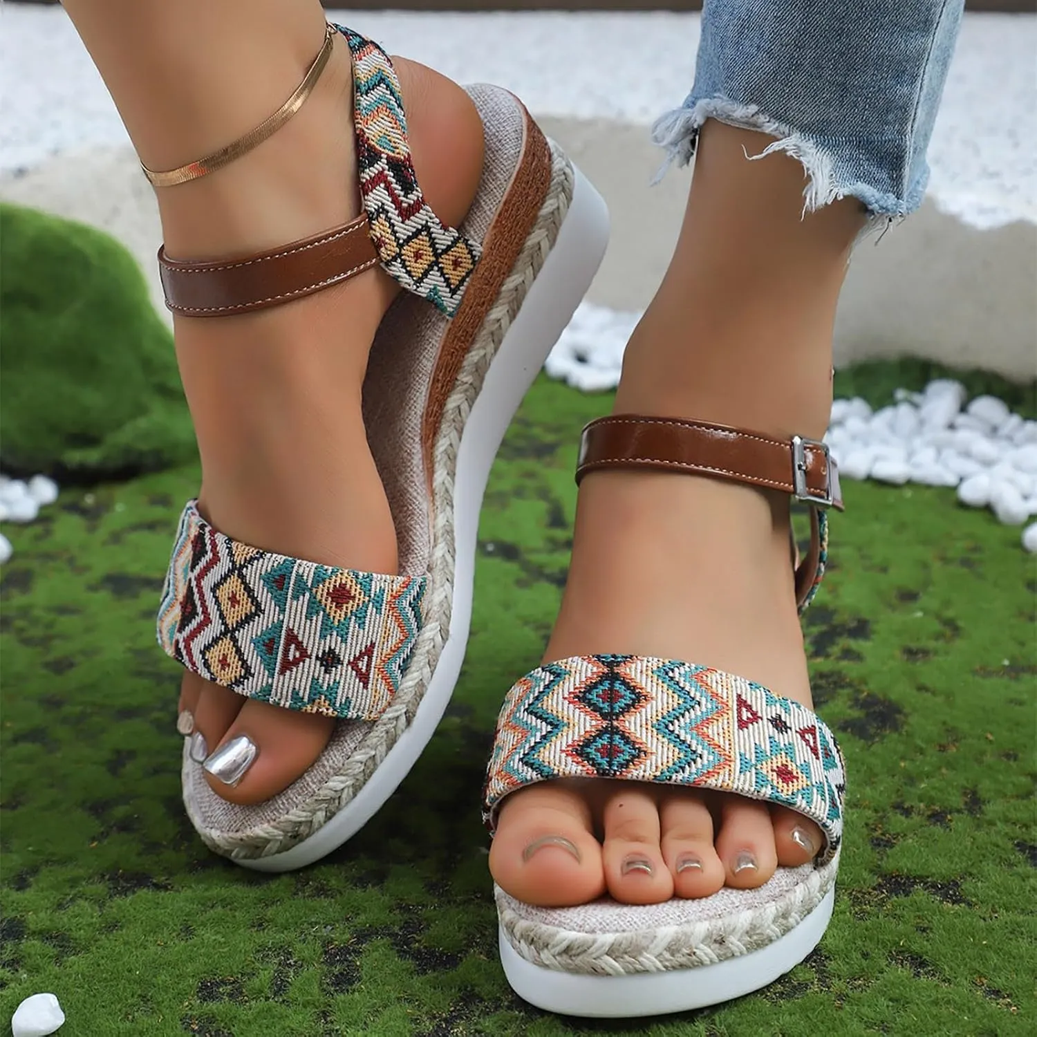 Eduavar Womens Sandals Casual Comfortable Cushion Ankle Strap Sandals Flatform Platform Espadrilles Wedges Open Toe Shoes