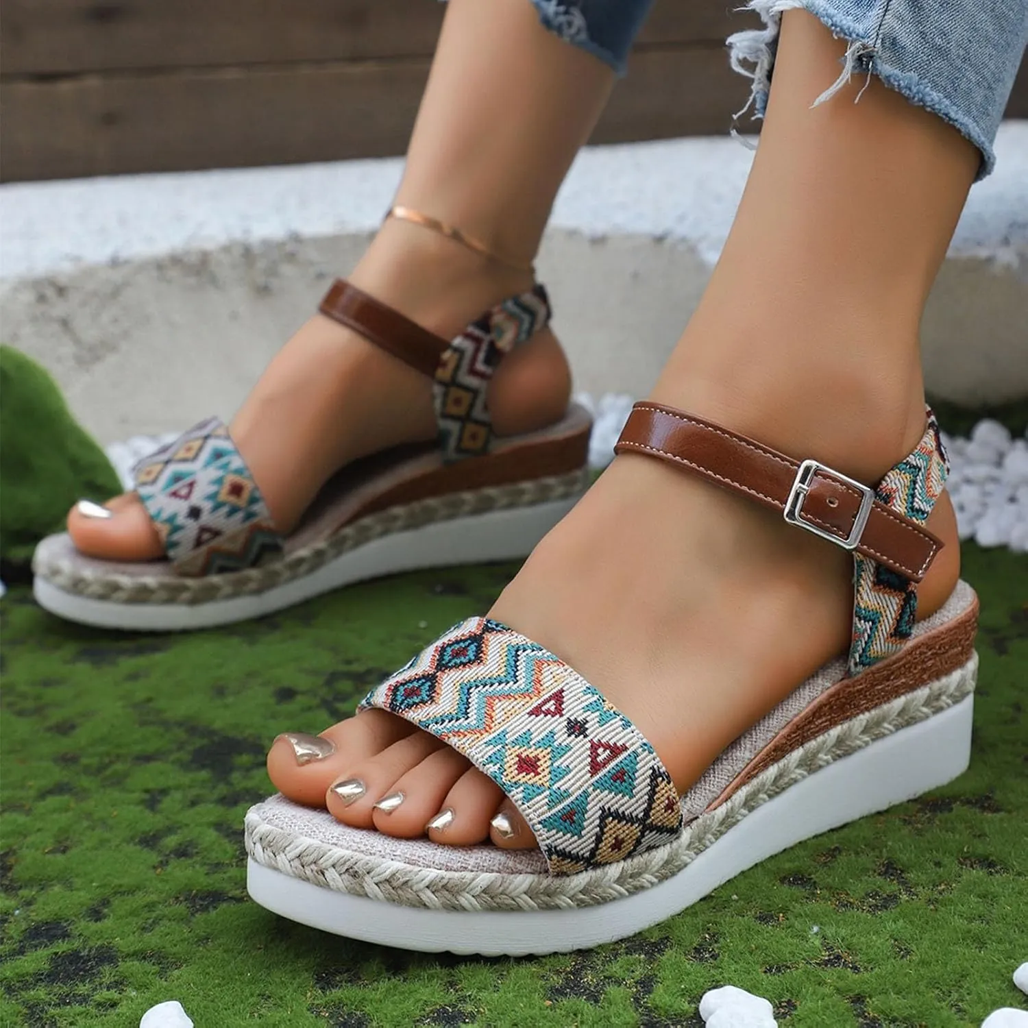 Eduavar Womens Sandals Casual Comfortable Cushion Ankle Strap Sandals Flatform Platform Espadrilles Wedges Open Toe Shoes