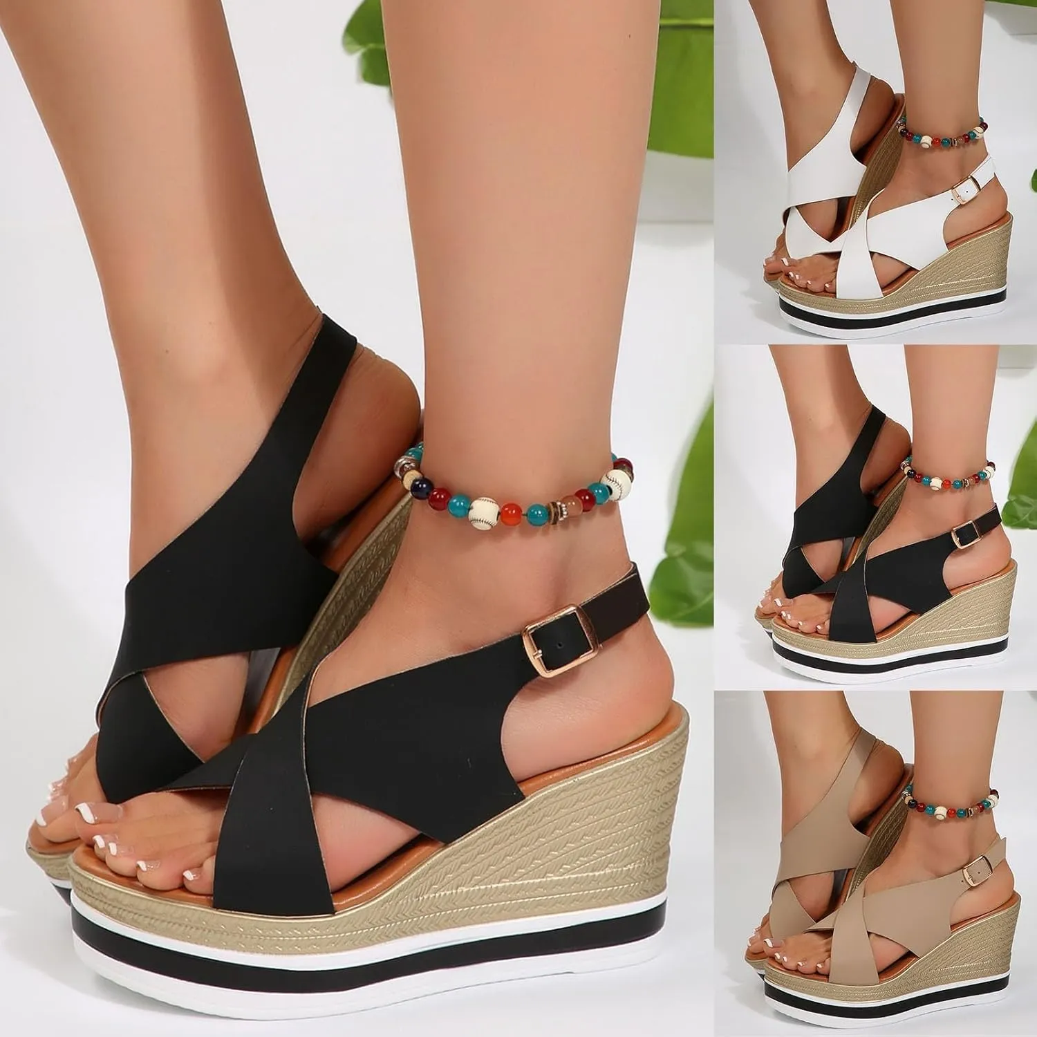 Eduavar Womens Sandals Casual Open Toe Comfortable Dressy Platform Sandals Slip on Elastic Ankle Strap Summer Wedges Shoes