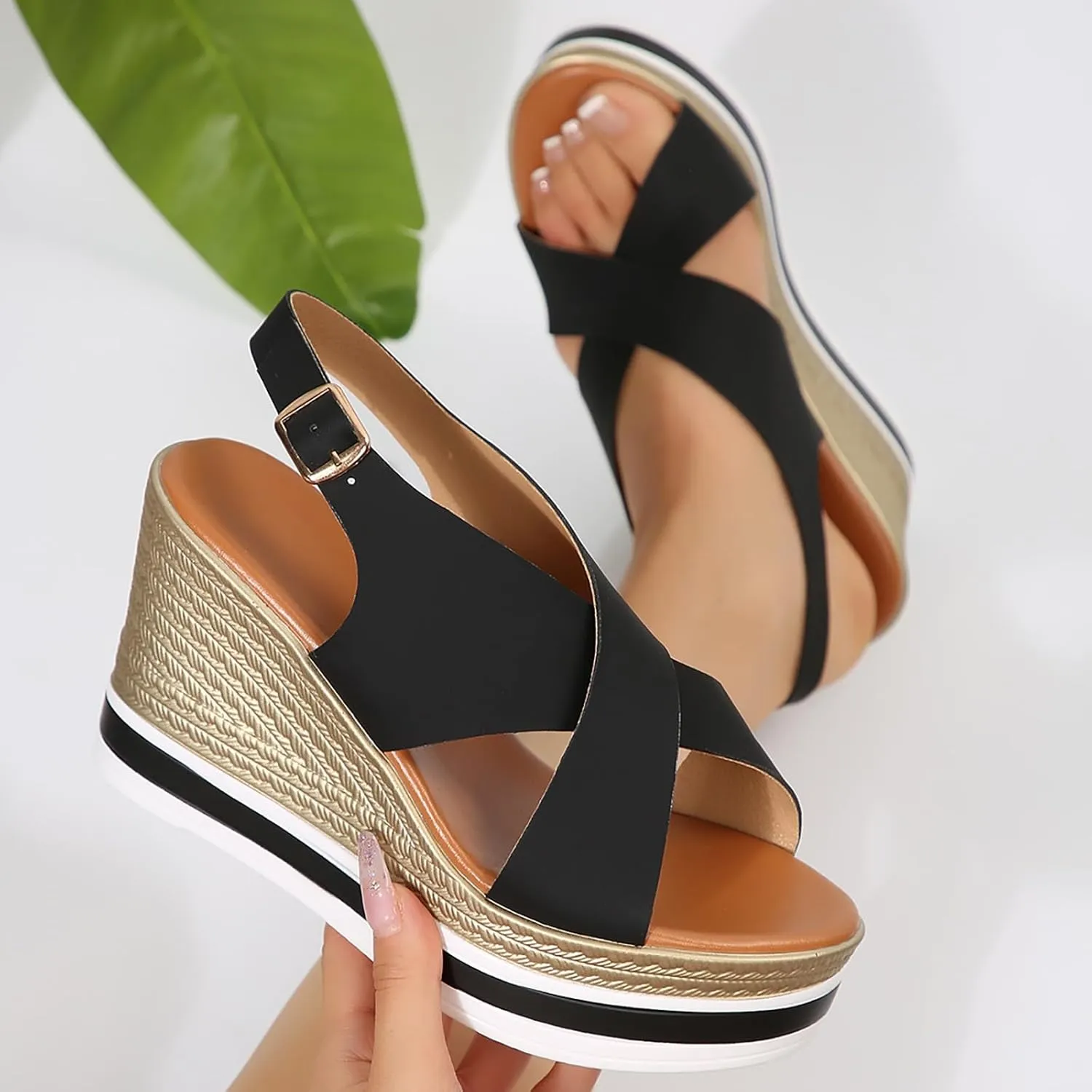 Eduavar Womens Sandals Casual Open Toe Comfortable Dressy Platform Sandals Slip on Elastic Ankle Strap Summer Wedges Shoes
