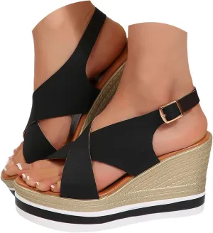 Eduavar Womens Sandals Casual Open Toe Comfortable Dressy Platform Sandals Slip on Elastic Ankle Strap Summer Wedges Shoes