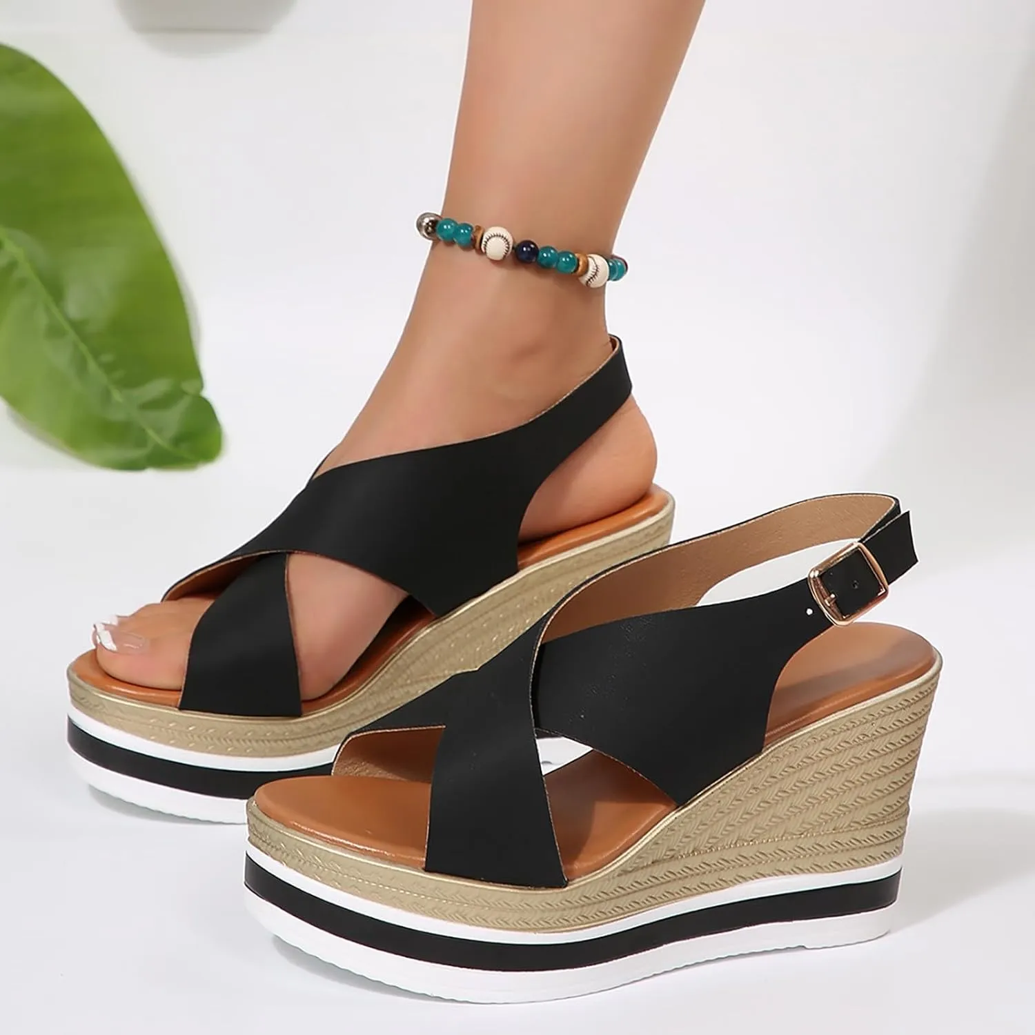 Eduavar Womens Sandals Casual Open Toe Comfortable Dressy Platform Sandals Slip on Elastic Ankle Strap Summer Wedges Shoes