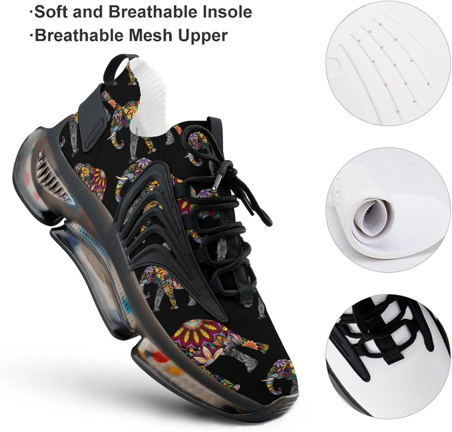 Floral Elephant Walking Shoes for Men Lightweight Tennis Fashion Elastic Sports Shoes Cushion Basketball Shoes