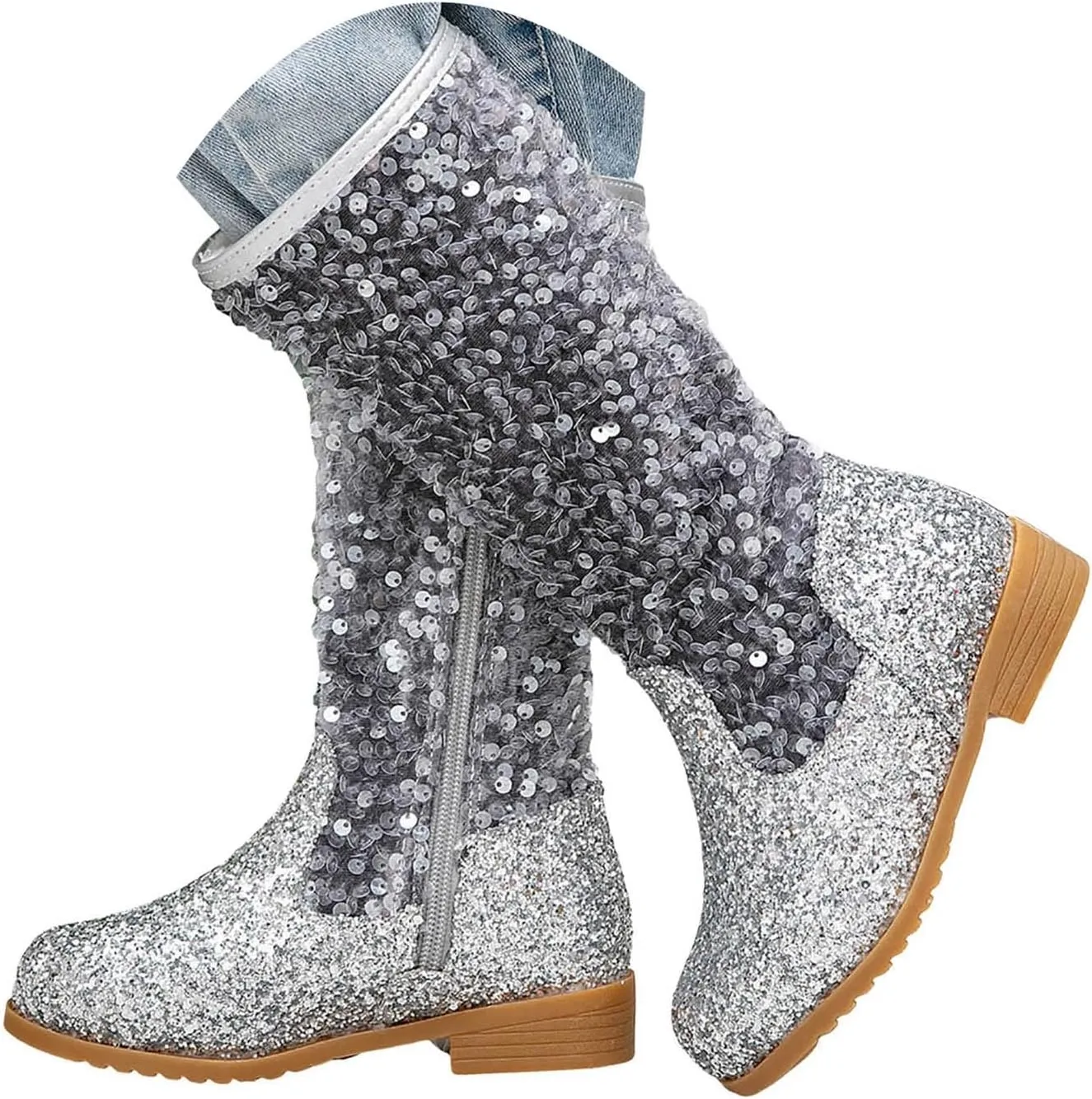 Girls Cowgirl Boots Mid Calf Square Toe Western Boot for Kids Sparkly Glitter Cowboy Boots Toddler Girls Party Shoes