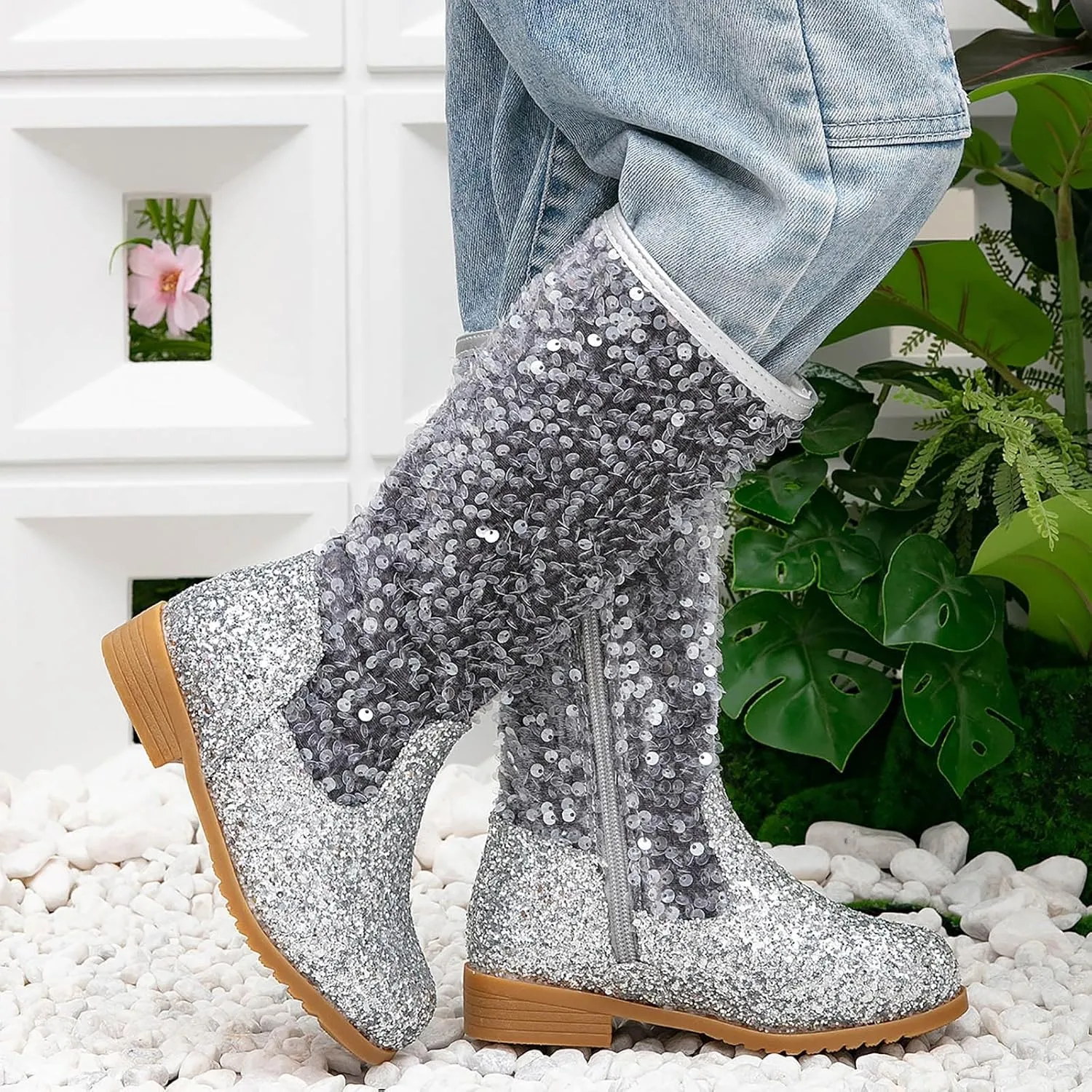 Girls Cowgirl Boots Mid Calf Square Toe Western Boot for Kids Sparkly Glitter Cowboy Boots Toddler Girls Party Shoes