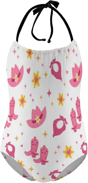 Girls One-Piece Swimwear Cowgirl Boots Western Wild Tie-Shoulder Quick Dry Sleeveless Bathing Suits for Beach Pool