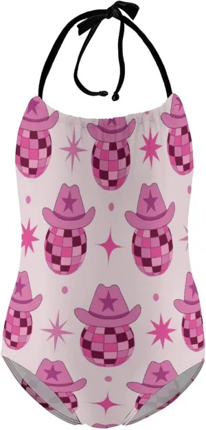 Girls One-Piece Swimwear Cowgirl Boots Western Wild Tie-Shoulder Quick Dry Sleeveless Bathing Suits for Beach Pool