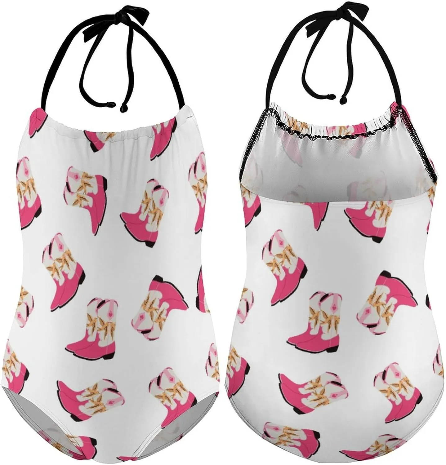 Girls One-Piece Swimwear Cowgirl Boots Western Wild Tie-Shoulder Quick Dry Sleeveless Bathing Suits for Beach Pool