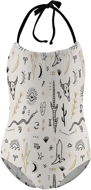 Girls One-Piece Swimwear Cowgirl Boots Western Wild Tie-Shoulder Quick Dry Sleeveless Bathing Suits for Beach Pool