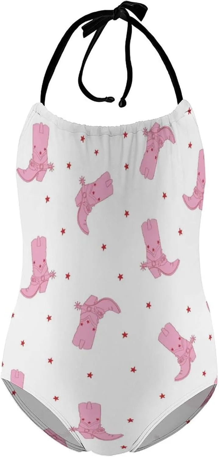 Girls One-Piece Swimwear Cowgirl Boots Western Wild Tie-Shoulder Quick Dry Sleeveless Bathing Suits for Beach Pool