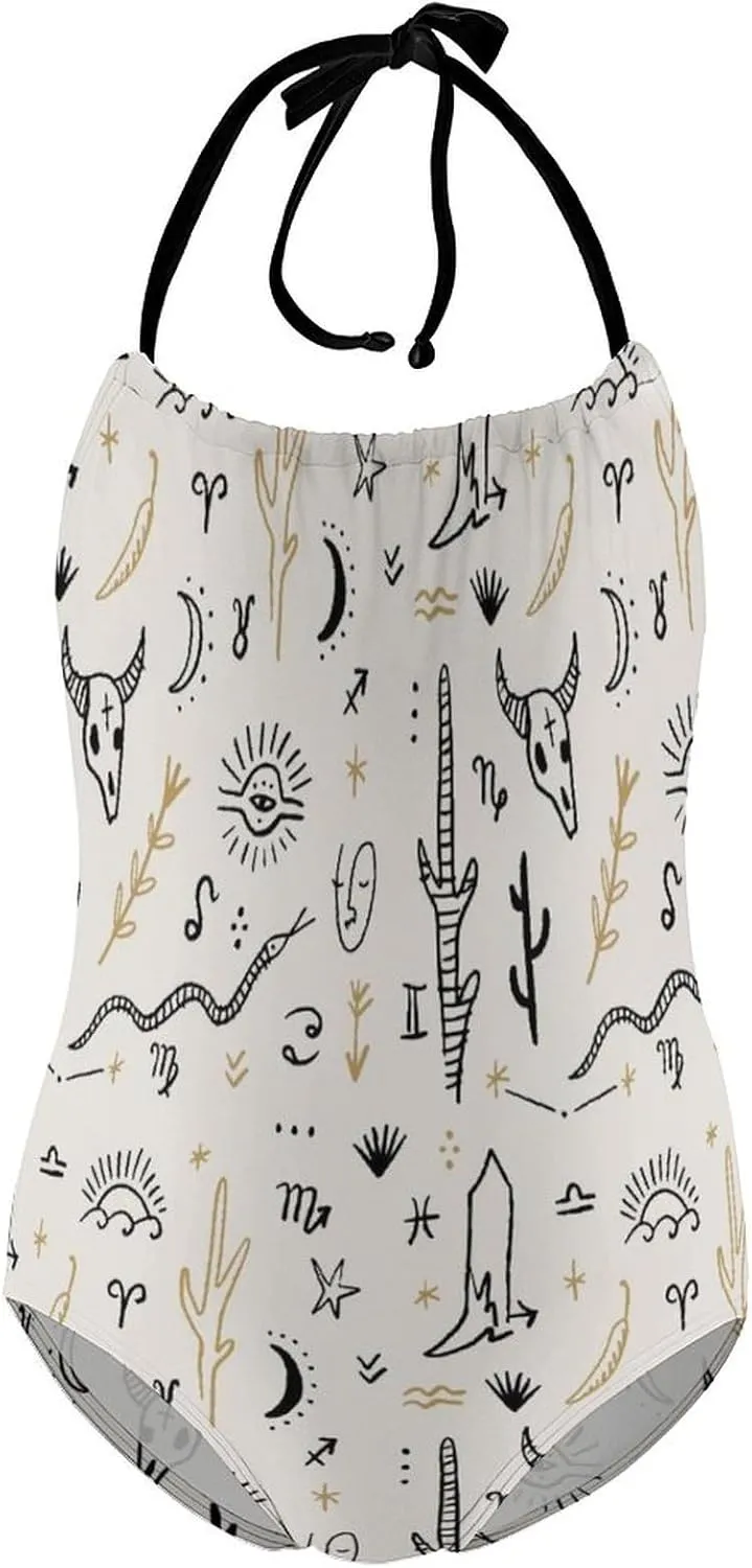 Girls One-Piece Swimwear Cowgirl Boots Western Wild Tie-Shoulder Quick Dry Sleeveless Bathing Suits for Beach Pool
