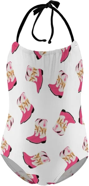 Girls One-Piece Swimwear Cowgirl Boots Western Wild Tie-Shoulder Quick Dry Sleeveless Bathing Suits for Beach Pool