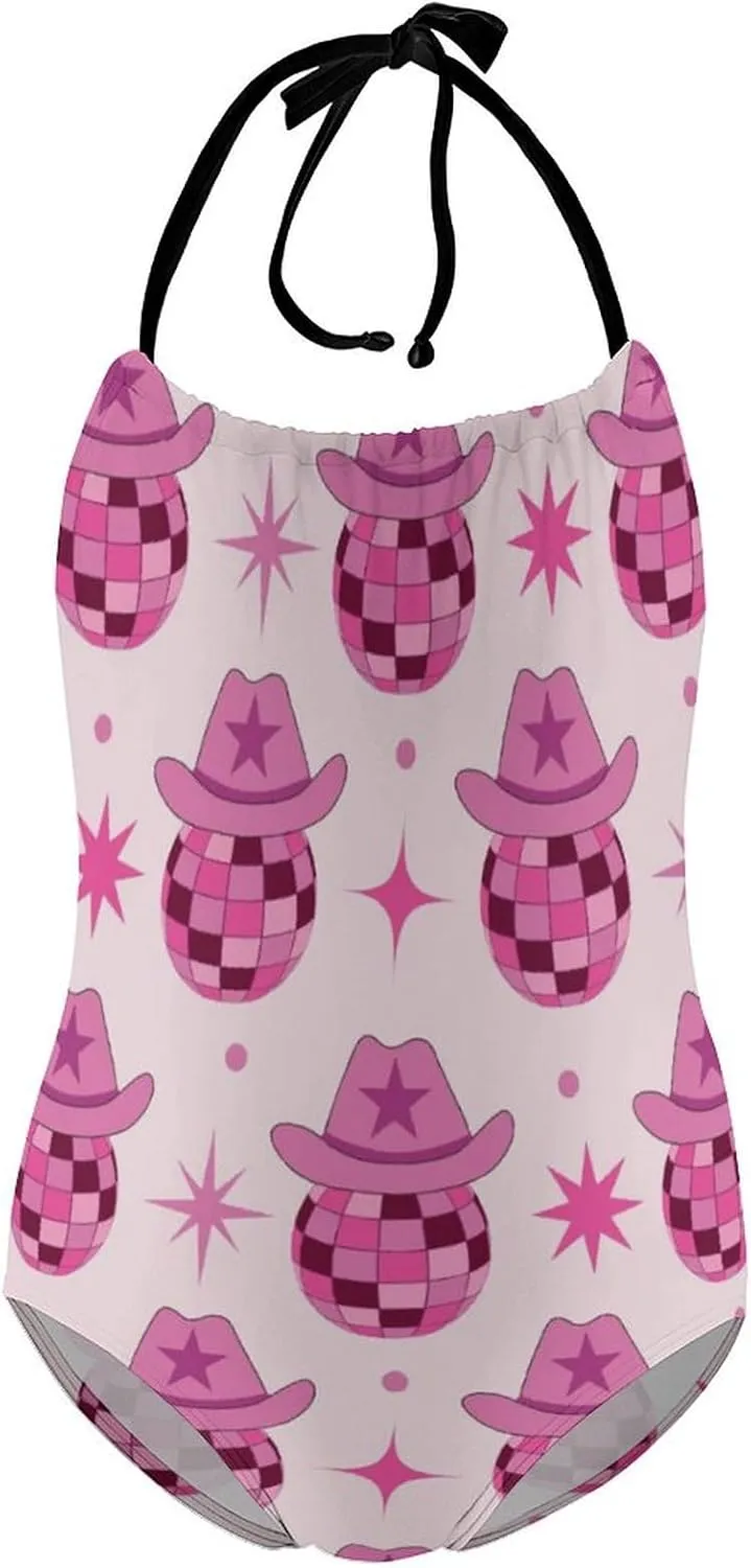 Girls One-Piece Swimwear Cowgirl Boots Western Wild Tie-Shoulder Quick Dry Sleeveless Bathing Suits for Beach Pool