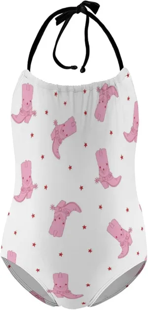 Girls One-Piece Swimwear Cowgirl Boots Western Wild Tie-Shoulder Quick Dry Sleeveless Bathing Suits for Beach Pool