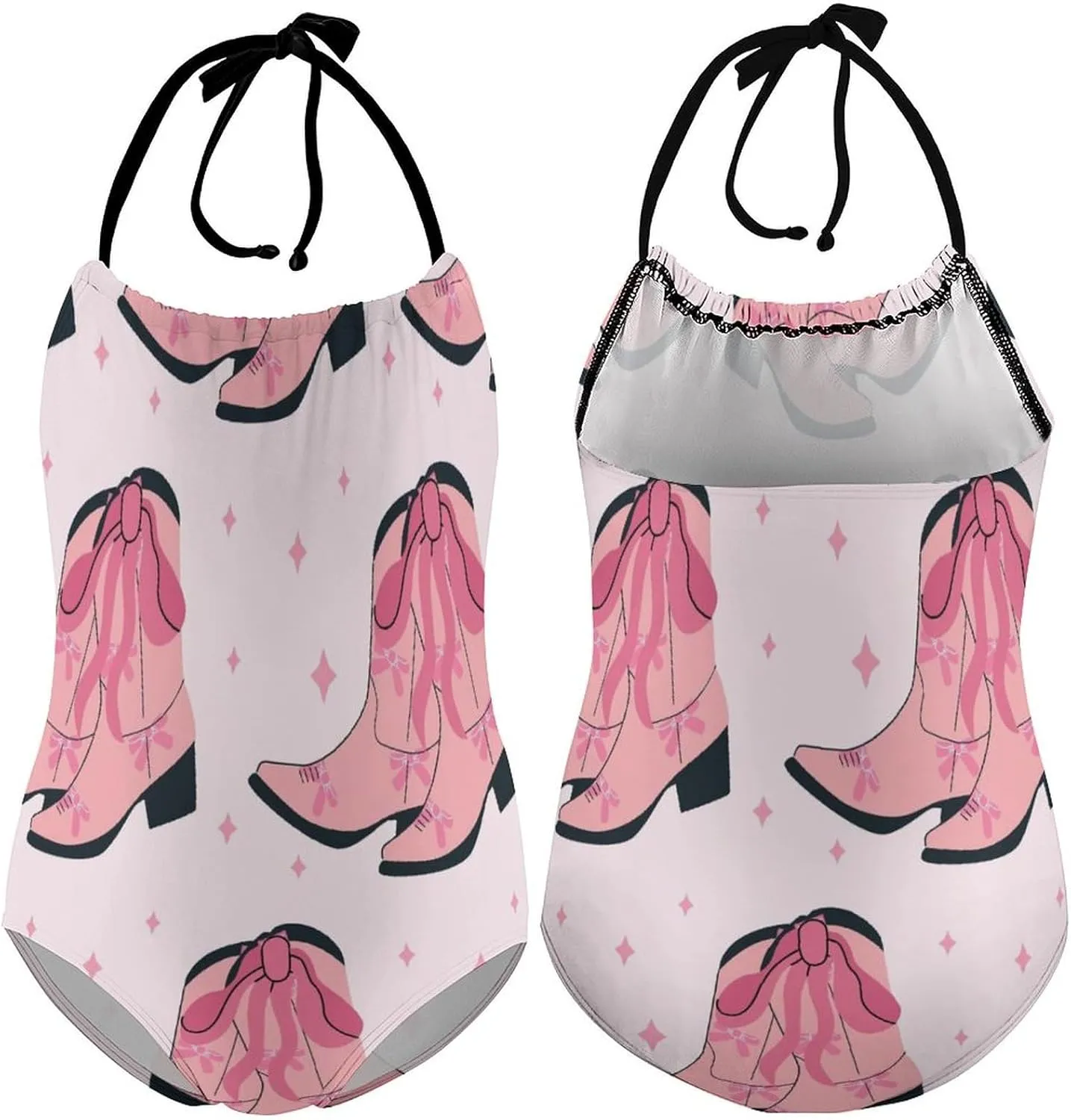 Girls One-Piece Swimwear Heart Lollipops Bows Tie-Shoulder Quick Dry Sleeveless Bathing Suits for Beach Pool