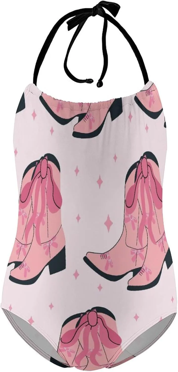 Girls One-Piece Swimwear Heart Lollipops Bows Tie-Shoulder Quick Dry Sleeveless Bathing Suits for Beach Pool