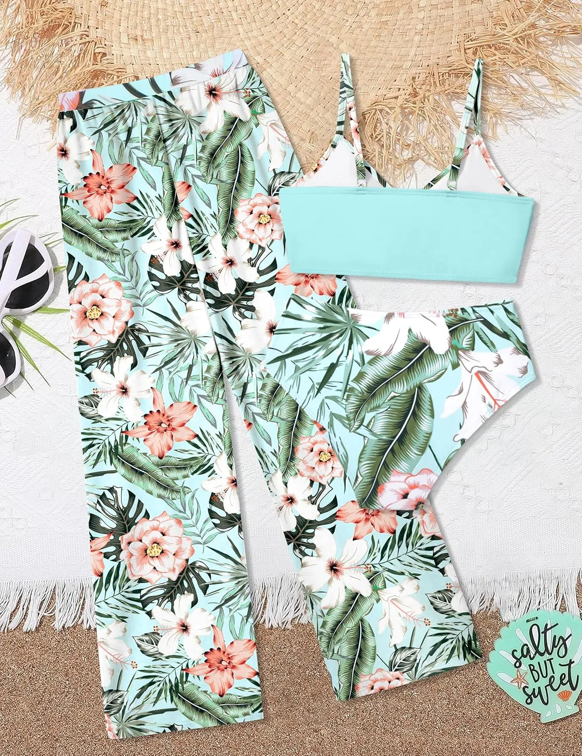 Girls Swimsuit 3 Piece Tropical Print Bathing Suit V Neck Bikini Set with Quick Dry Cover Up Pants 9-16Y