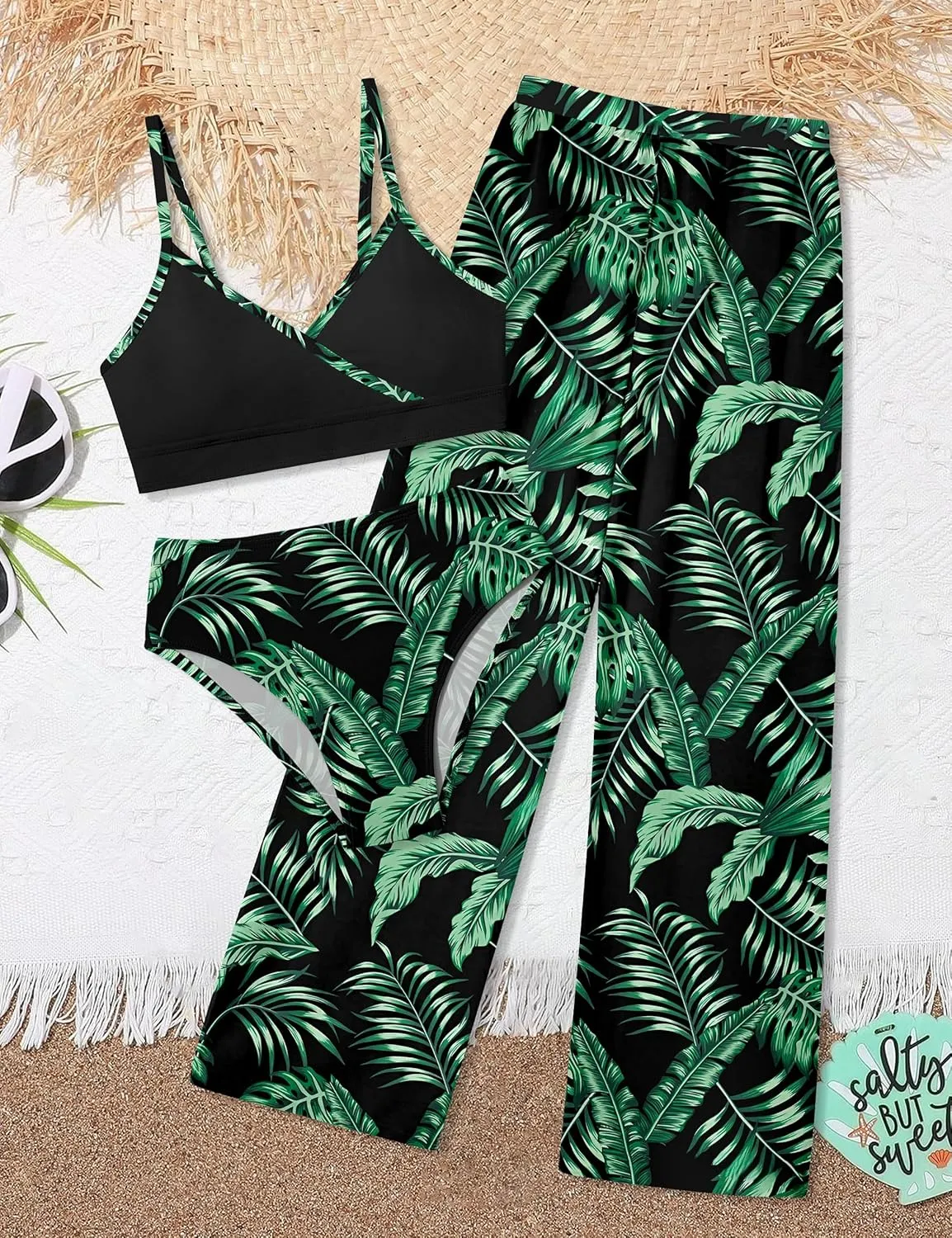 Girls Swimsuit 3 Piece Tropical Print Bathing Suit V Neck Bikini Set with Quick Dry Cover Up Pants 9-16Y