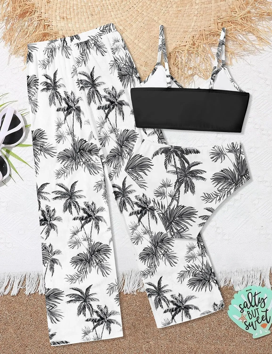 Girls Swimsuit 3 Piece Tropical Print Bathing Suit V Neck Bikini Set with Quick Dry Cover Up Pants 9-16Y