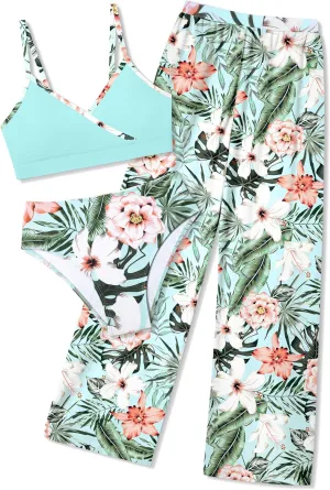 Girls Swimsuit 3 Piece Tropical Print Bathing Suit V Neck Bikini Set with Quick Dry Cover Up Pants 9-16Y