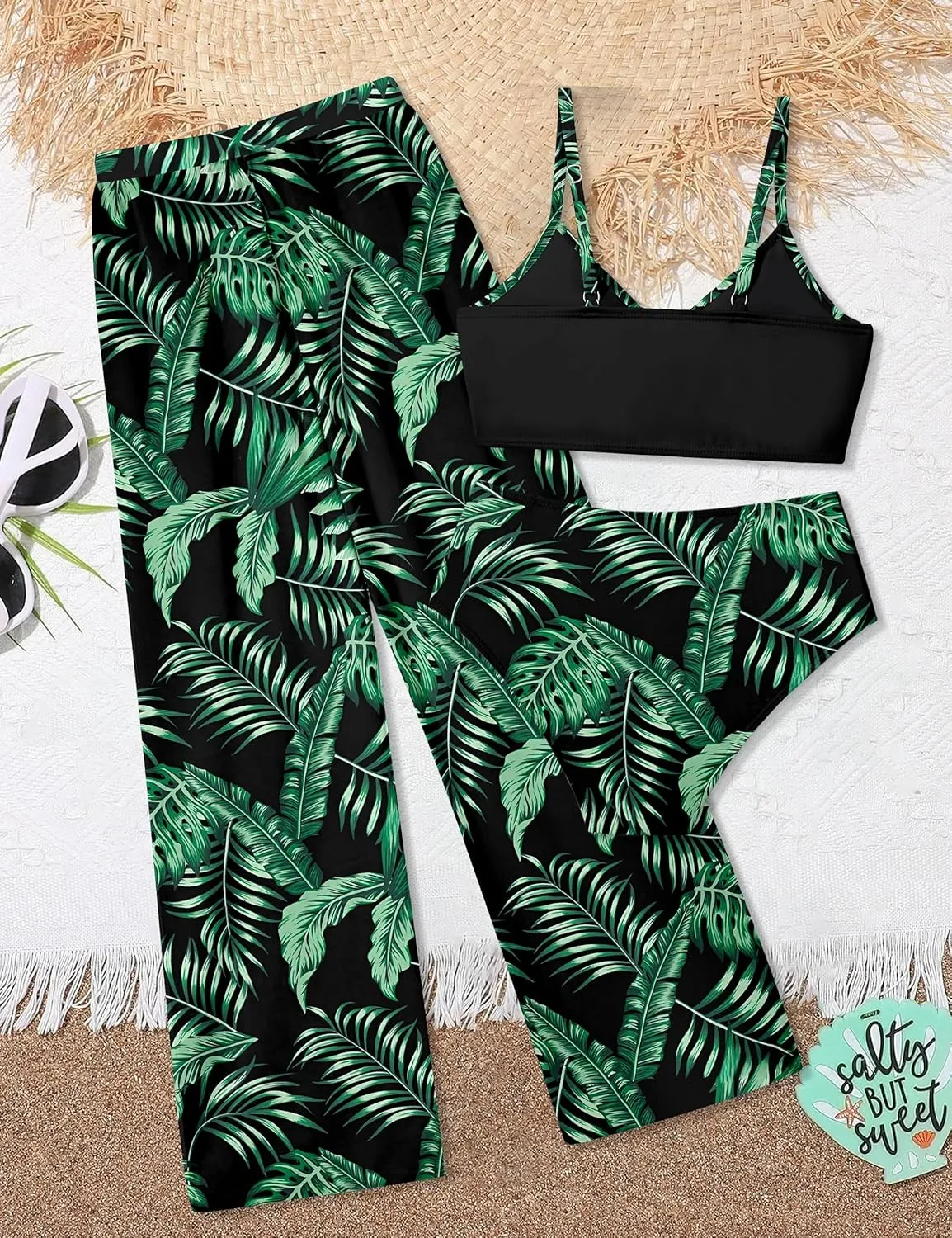 Girls Swimsuit 3 Piece Tropical Print Bathing Suit V Neck Bikini Set with Quick Dry Cover Up Pants 9-16Y
