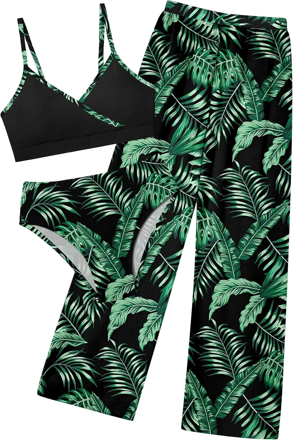 Girls Swimsuit 3 Piece Tropical Print Bathing Suit V Neck Bikini Set with Quick Dry Cover Up Pants 9-16Y