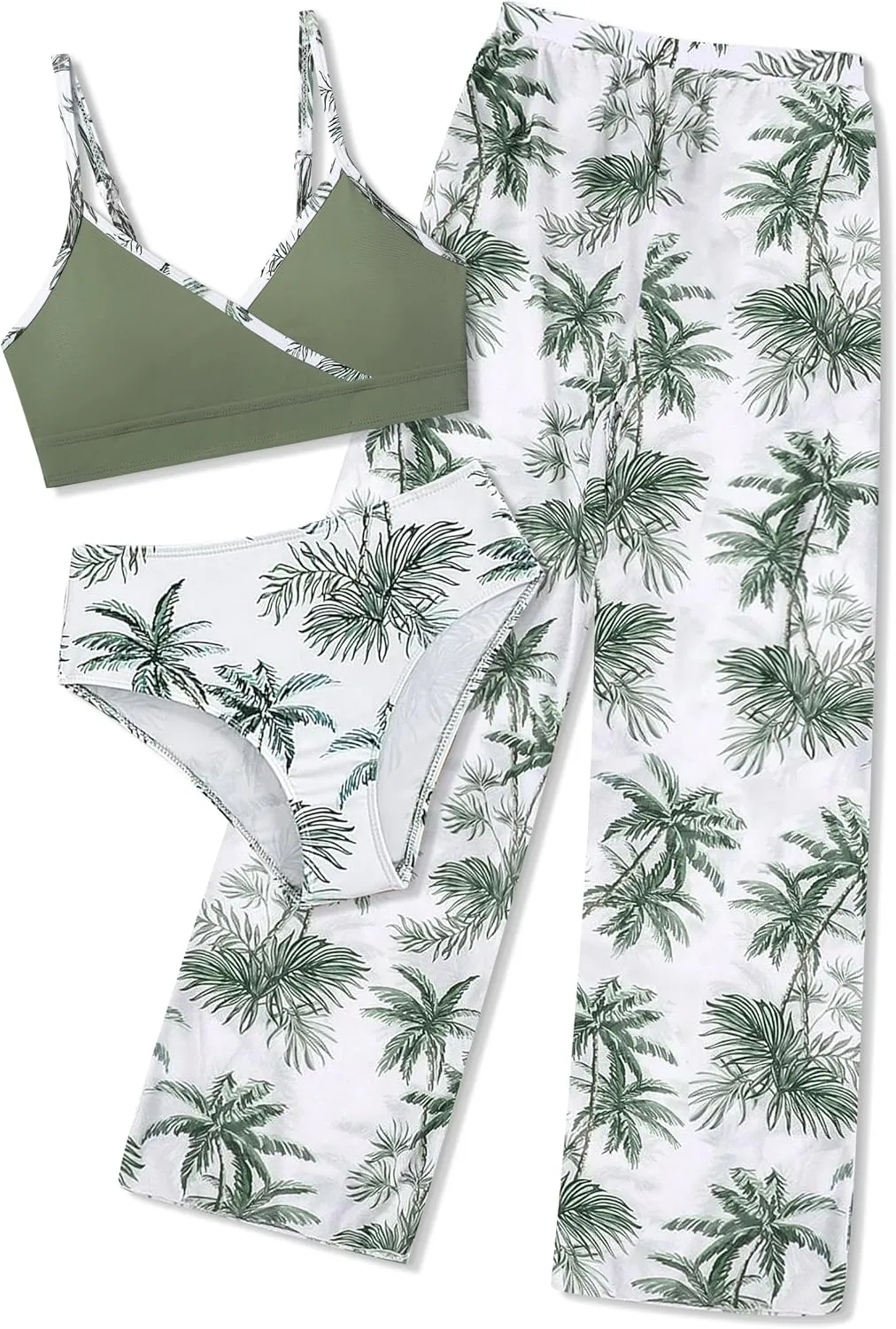 Girls Swimsuit 3 Piece Tropical Print Bathing Suit V Neck Bikini Set with Quick Dry Cover Up Pants 9-16Y
