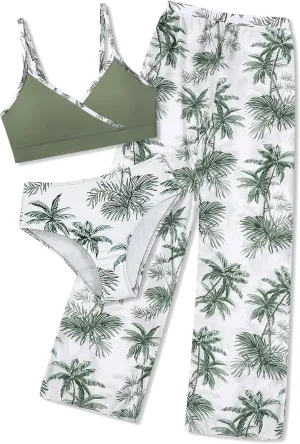 Girls Swimsuit 3 Piece Tropical Print Bathing Suit V Neck Bikini Set with Quick Dry Cover Up Pants 9-16Y