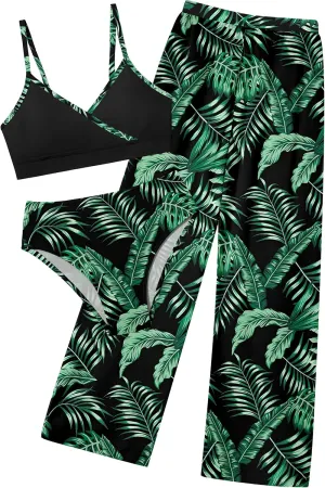Girls Swimsuit 3 Piece Tropical Print Bathing Suit V Neck Bikini Set with Quick Dry Cover Up Pants 9-16Y