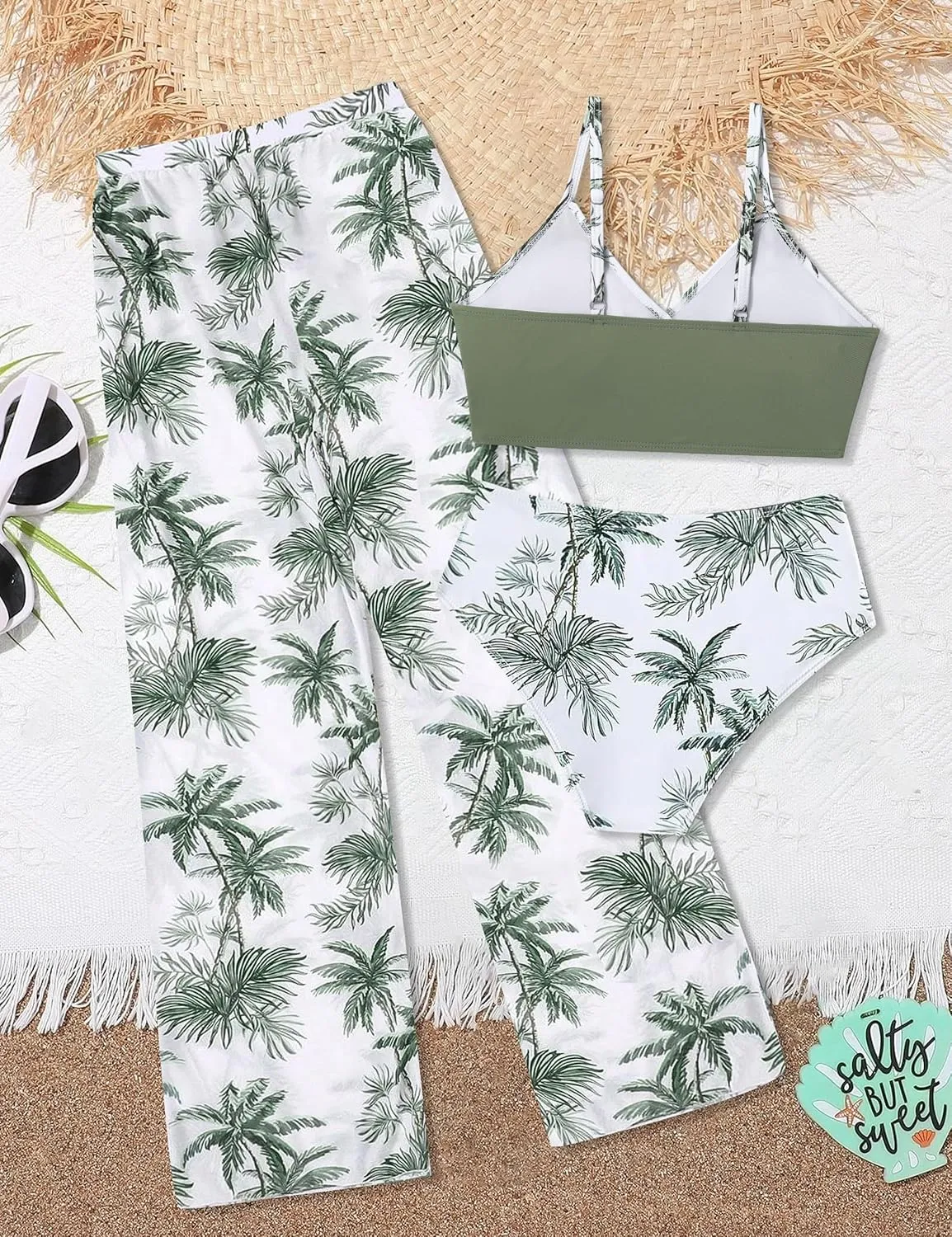 Girls Swimsuit 3 Piece Tropical Print Bathing Suit V Neck Bikini Set with Quick Dry Cover Up Pants 9-16Y