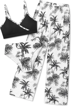 Girls Swimsuit 3 Piece Tropical Print Bathing Suit V Neck Bikini Set with Quick Dry Cover Up Pants 9-16Y