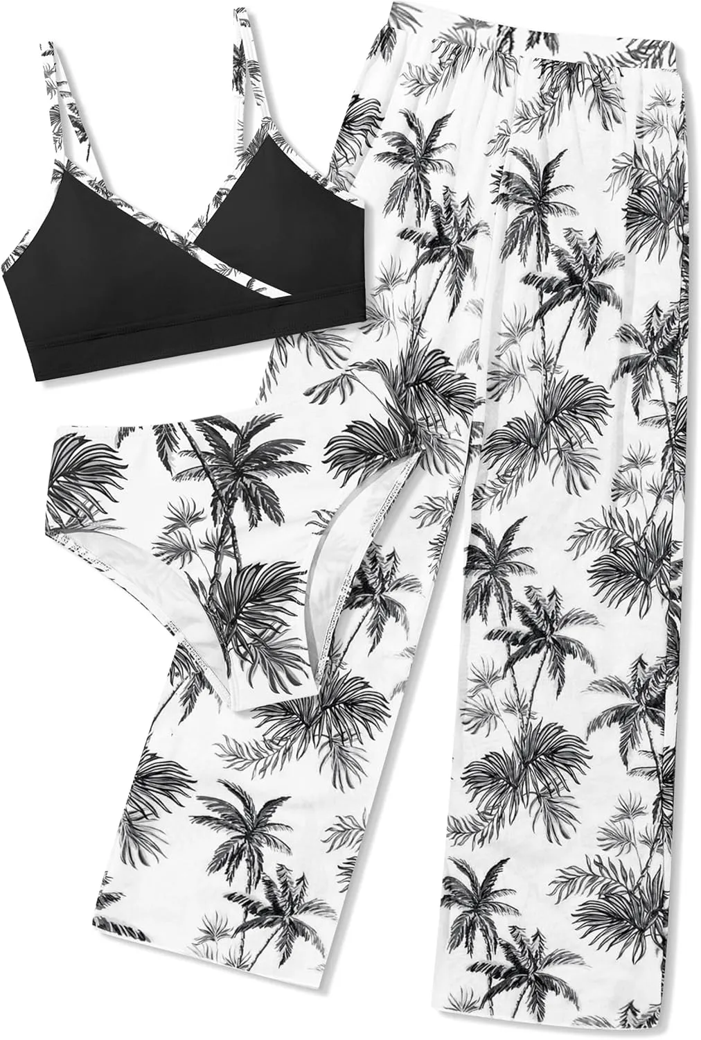 Girls Swimsuit 3 Piece Tropical Print Bathing Suit V Neck Bikini Set with Quick Dry Cover Up Pants 9-16Y