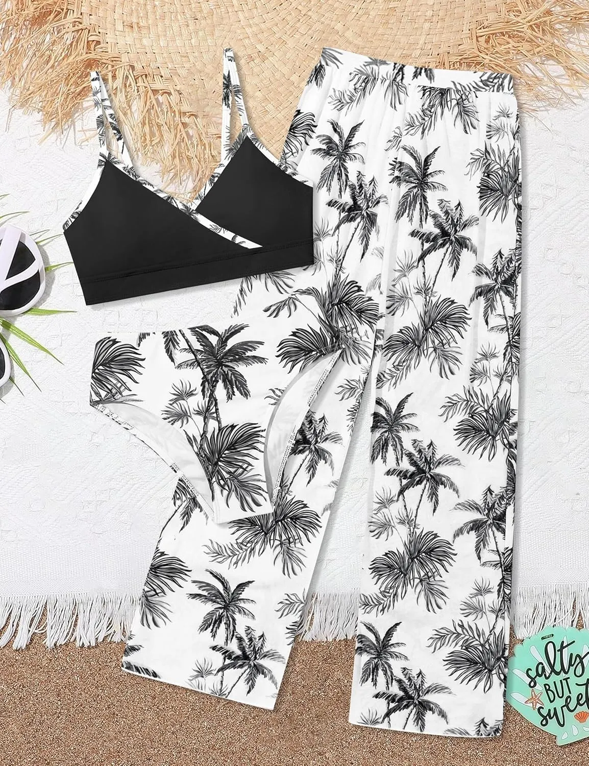 Girls Swimsuit 3 Piece Tropical Print Bathing Suit V Neck Bikini Set with Quick Dry Cover Up Pants 9-16Y