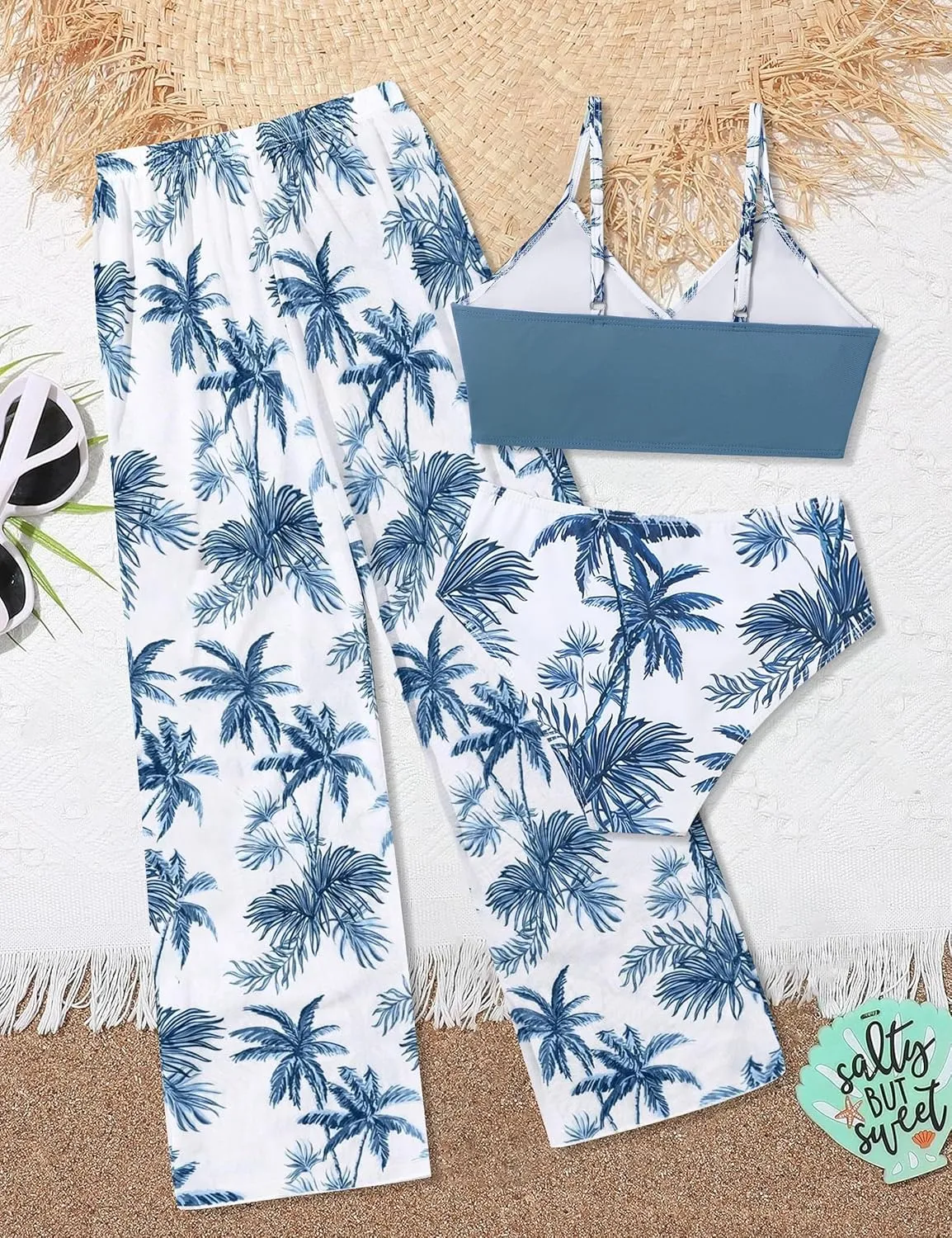 Girls Swimsuit 3 Piece Tropical Print Bathing Suit V Neck Bikini Set with Quick Dry Cover Up Pants 9-16Y