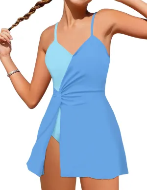Girls Swimsuits One Piece Swimsuit Color Block Swim Dress V Neck Bathing Suit Quick Dry Swimwear 7-14Y