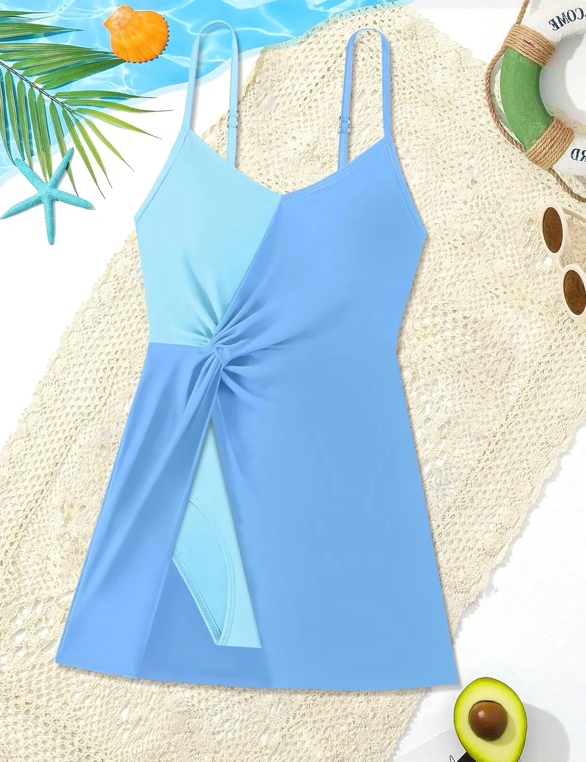 Girls Swimsuits One Piece Swimsuit Color Block Swim Dress V Neck Bathing Suit Quick Dry Swimwear 7-14Y