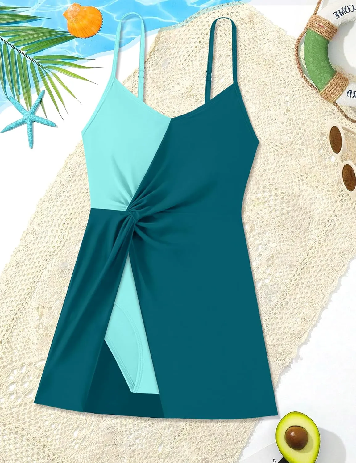 Girls Swimsuits One Piece Swimsuit Color Block Swim Dress V Neck Bathing Suit Quick Dry Swimwear 7-14Y