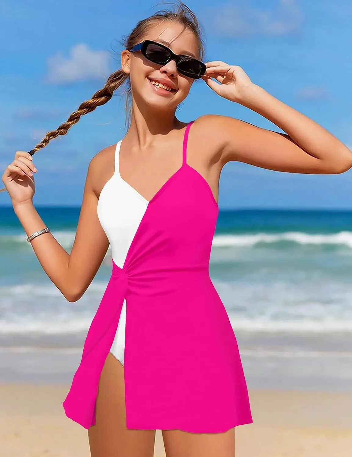 Girls Swimsuits One Piece Swimsuit Color Block Swim Dress V Neck Bathing Suit Quick Dry Swimwear 7-14Y