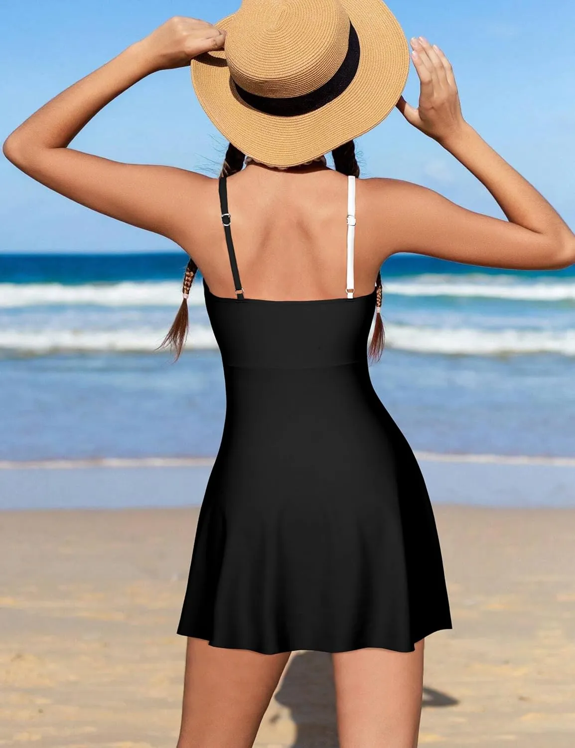Girls Swimsuits One Piece Swimsuit Color Block Swim Dress V Neck Bathing Suit Quick Dry Swimwear 7-14Y