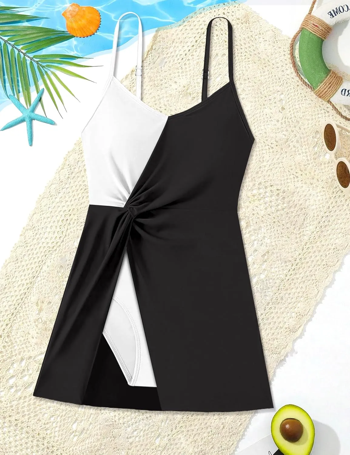Girls Swimsuits One Piece Swimsuit Color Block Swim Dress V Neck Bathing Suit Quick Dry Swimwear 7-14Y