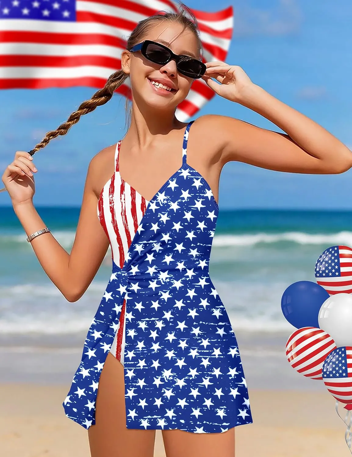 Girls Swimsuits One Piece Swimsuit Color Block Swim Dress V Neck Bathing Suit Quick Dry Swimwear 7-14Y