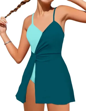 Girls Swimsuits One Piece Swimsuit Color Block Swim Dress V Neck Bathing Suit Quick Dry Swimwear 7-14Y