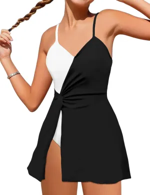Girls Swimsuits One Piece Swimsuit Color Block Swim Dress V Neck Bathing Suit Quick Dry Swimwear 7-14Y