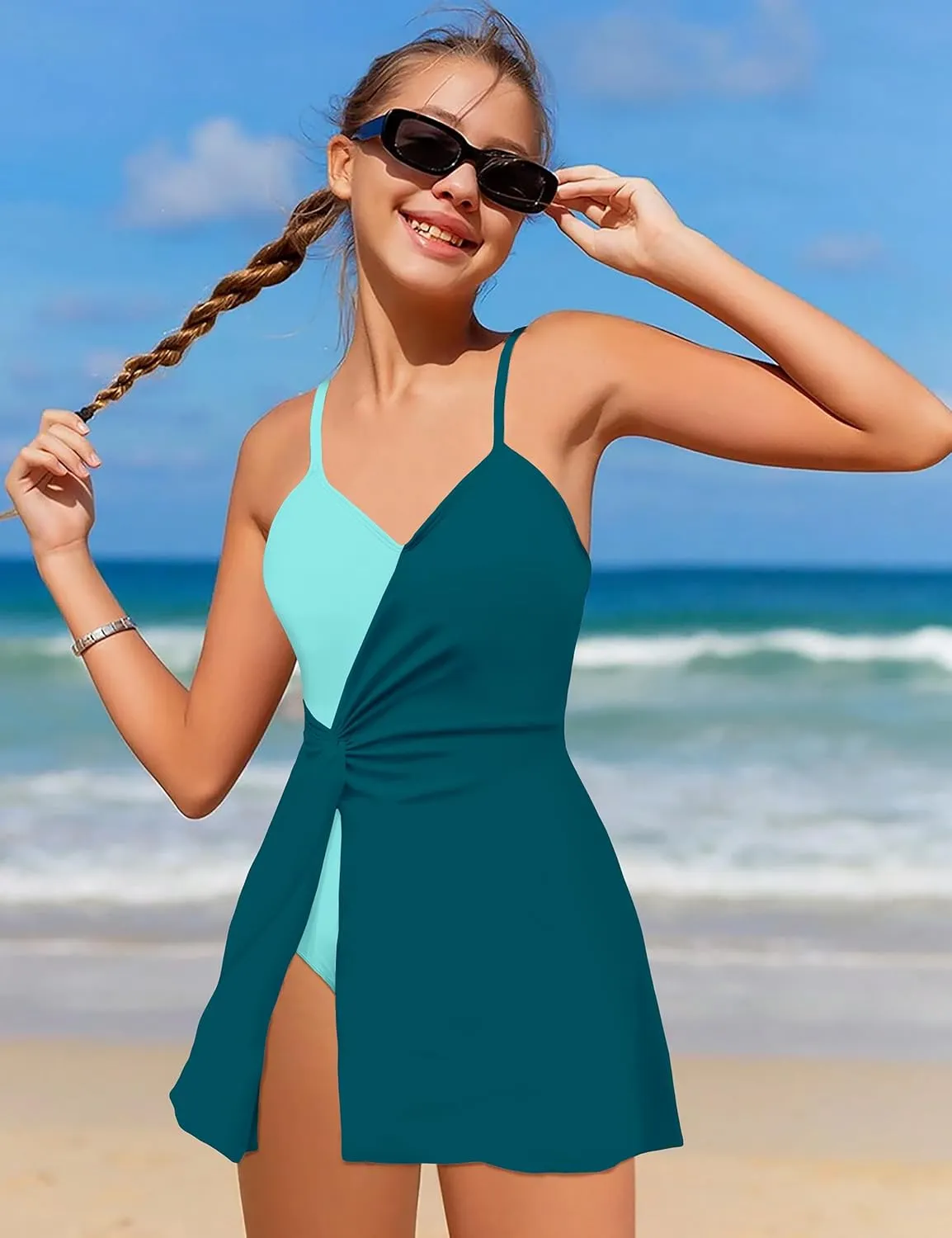 Girls Swimsuits One Piece Swimsuit Color Block Swim Dress V Neck Bathing Suit Quick Dry Swimwear 7-14Y