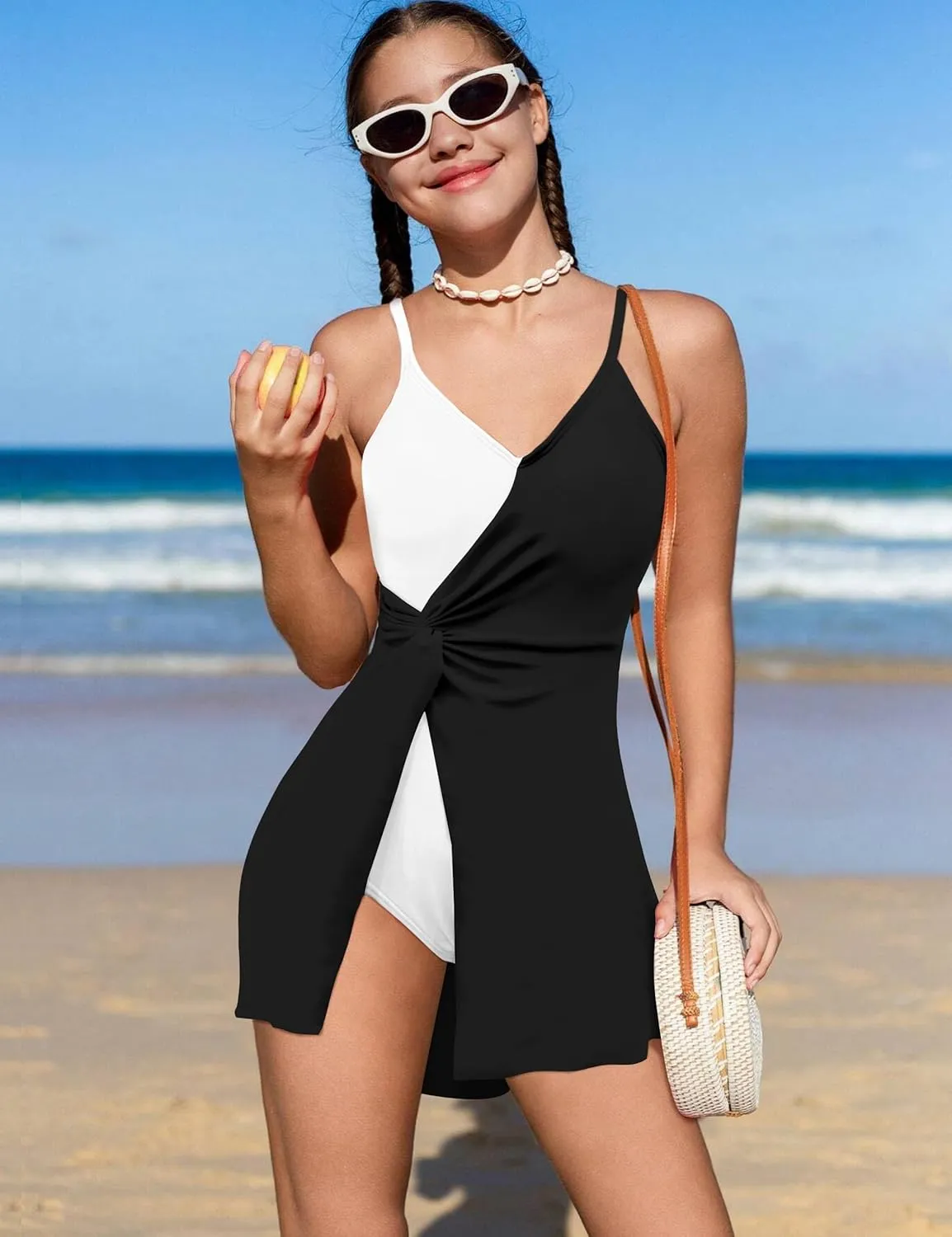 Girls Swimsuits One Piece Swimsuit Color Block Swim Dress V Neck Bathing Suit Quick Dry Swimwear 7-14Y