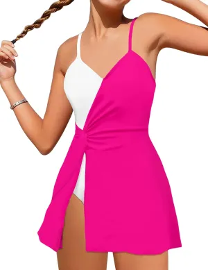 Girls Swimsuits One Piece Swimsuit Color Block Swim Dress V Neck Bathing Suit Quick Dry Swimwear 7-14Y