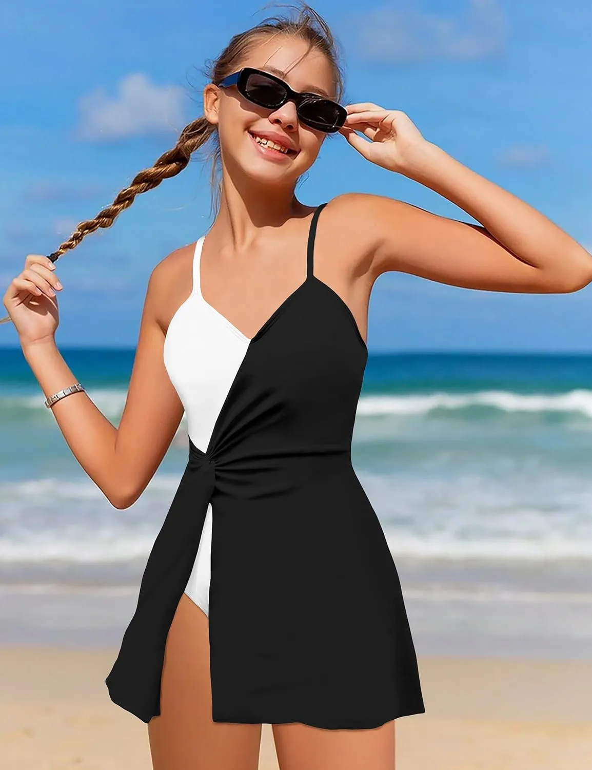 Girls Swimsuits One Piece Swimsuit Color Block Swim Dress V Neck Bathing Suit Quick Dry Swimwear 7-14Y