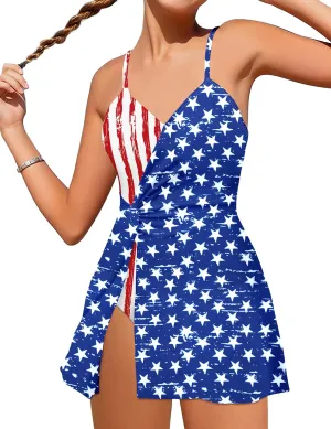 Girls Swimsuits One Piece Swimsuit Color Block Swim Dress V Neck Bathing Suit Quick Dry Swimwear 7-14Y
